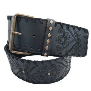 OSCAR DE LA RENTA black wide embroidered leather belt sz M